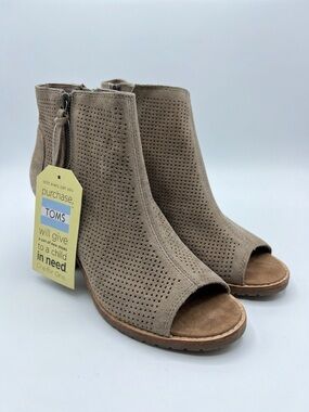 Toms Taupe Perforated Suede Peep-Toe Ankle Mules